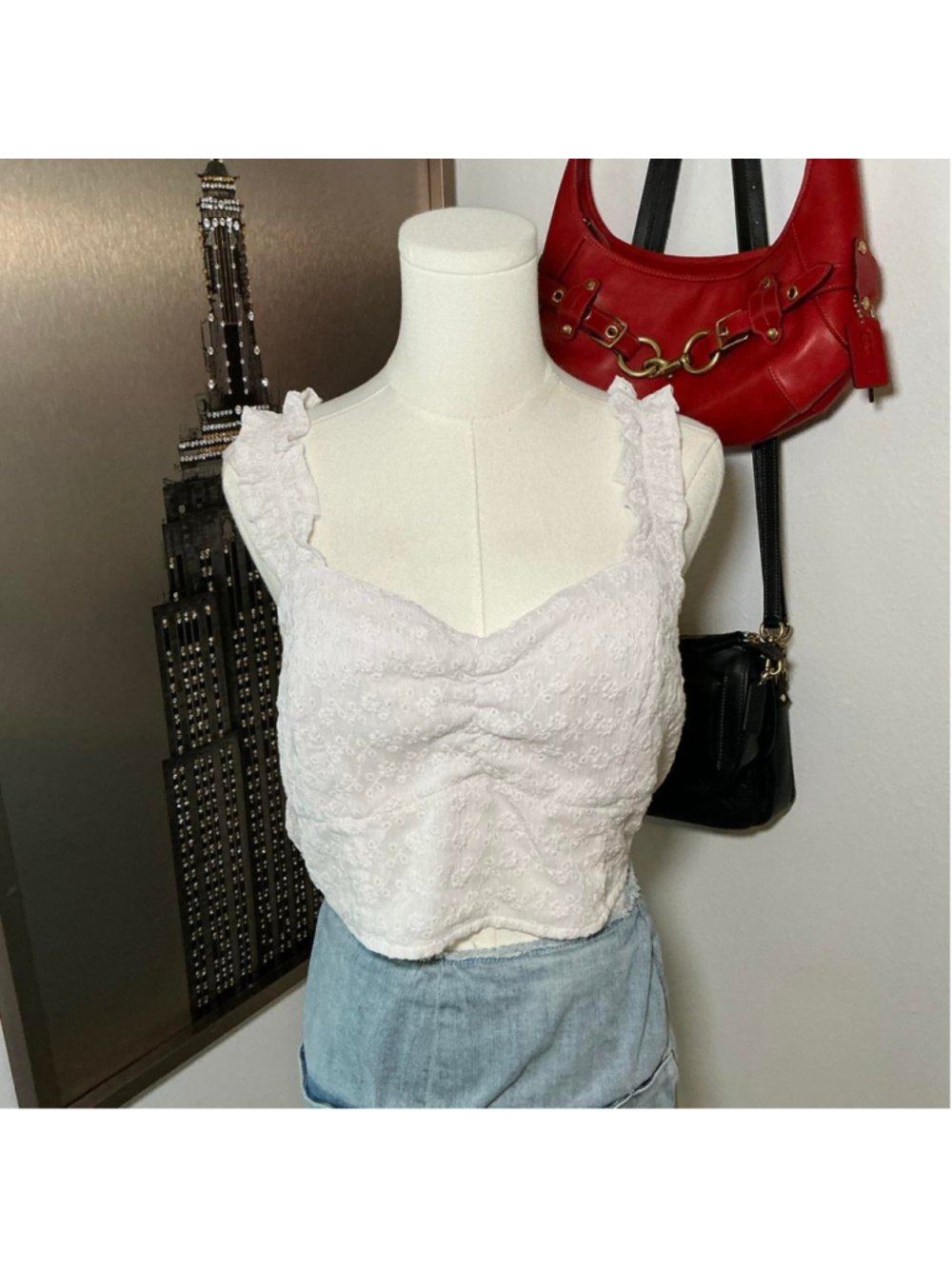 Abercrombie & Fitch White Floral Ruffle Ruched Crop Top Size L